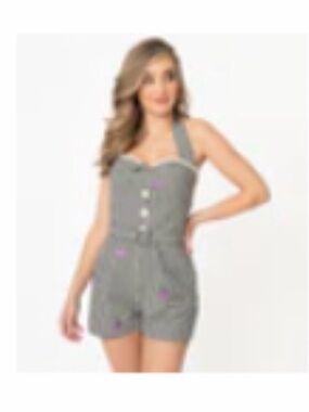 Retro Black & White Gingham romper Embroidered with grapes